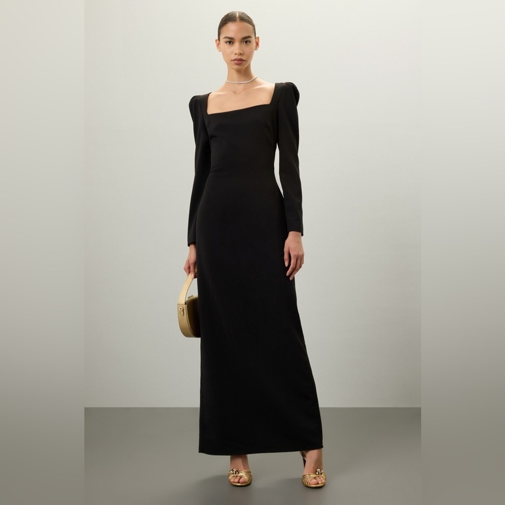 Badgley Mischka Black Puff Long Sleeve Square Neck Maxi Dress